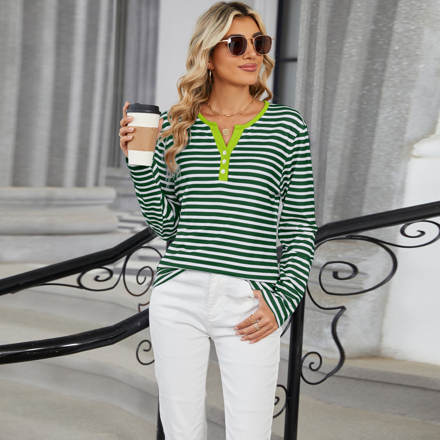 Autumn and winter New V-neck contrast color striped loose long sleeve women's T-shirt tops