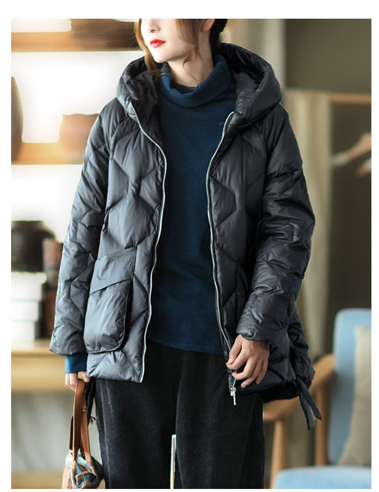 Loose Splicing Hooded Long Sleeve Thickened Down Jacket