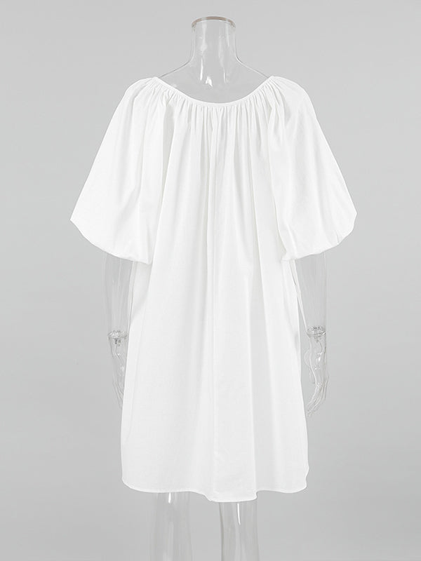 Loose Puff Sleeves Lace-Up Pleated See-Through Solid Color V-Neck Mini Dresses Sleep Dress