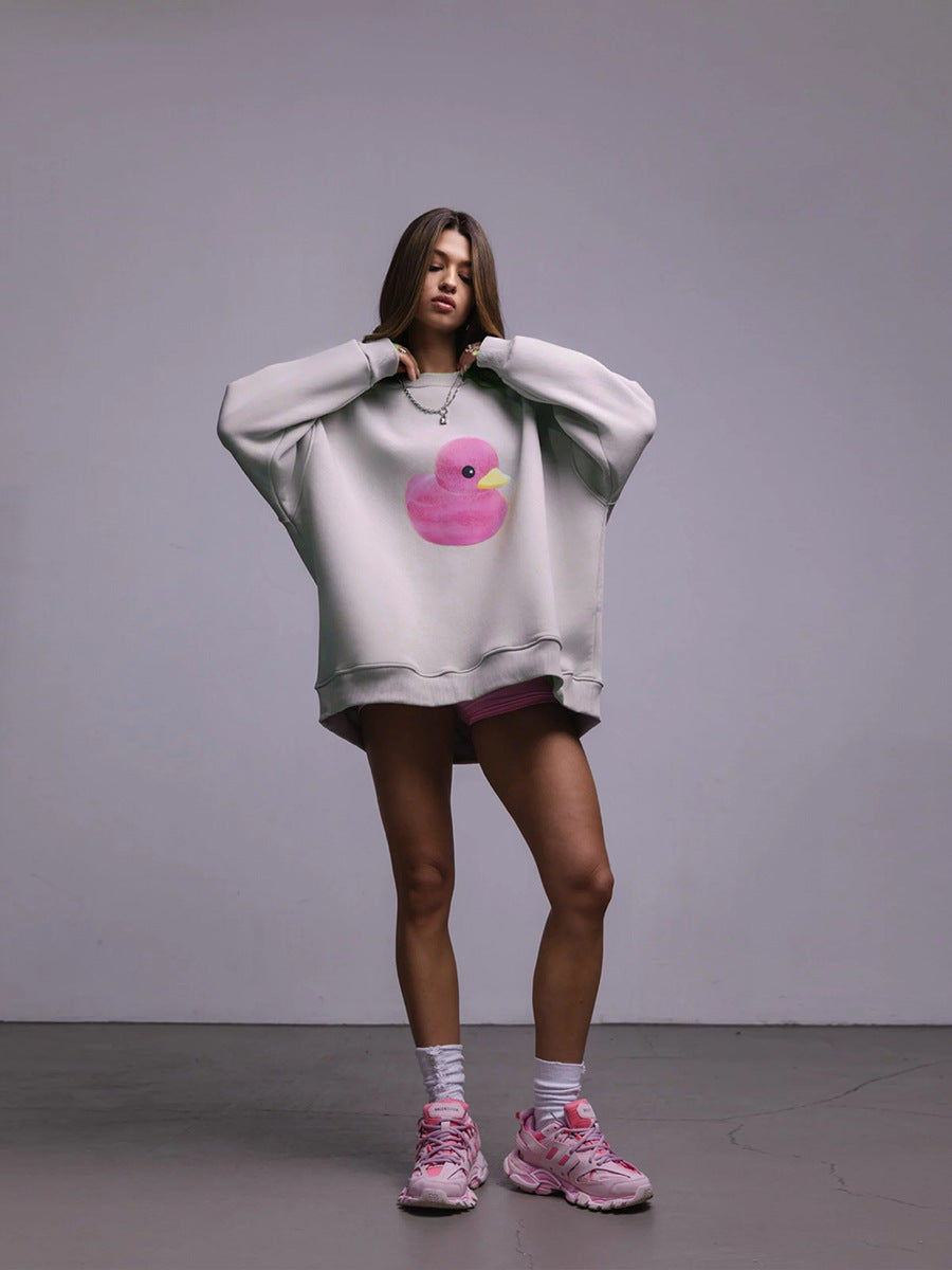 Duck pattern round neck sweater women's simple casual loose printed sweater