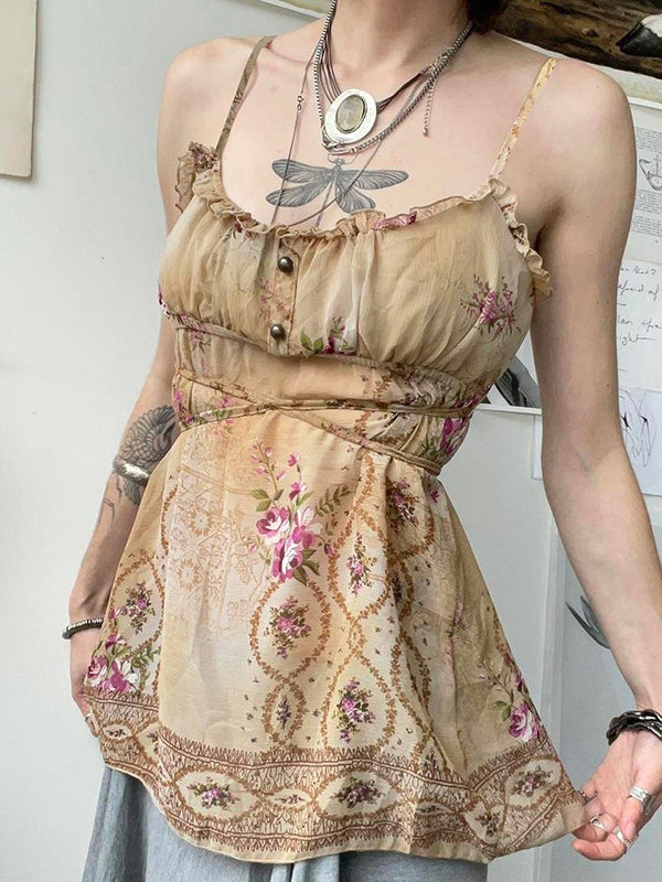 Loose Sleeveless Buttoned Contrast Color Flower Print Tied Spaghetti-Neck Vest Top