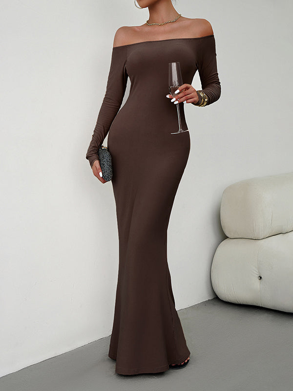 Bodycon Long Sleeves See-Through Solid Color Off-The-Shoulder Maxi Dresses
