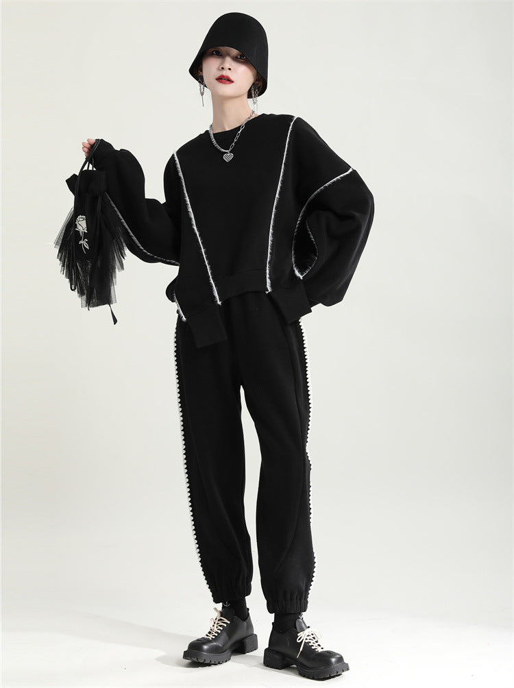 Irregular Splicing Round Neck Long Sleeve Velvet Sweatshirt