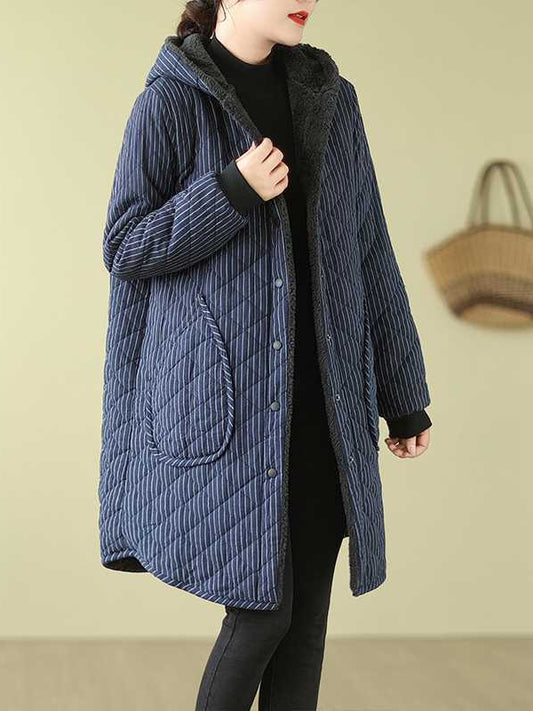 Vintage Warm Thickened Striped Hooded Coat