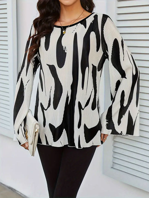 Flared Sleeves Loose Pleated Printed Split-Joint Round-Neck Blouses&Shirts Tops