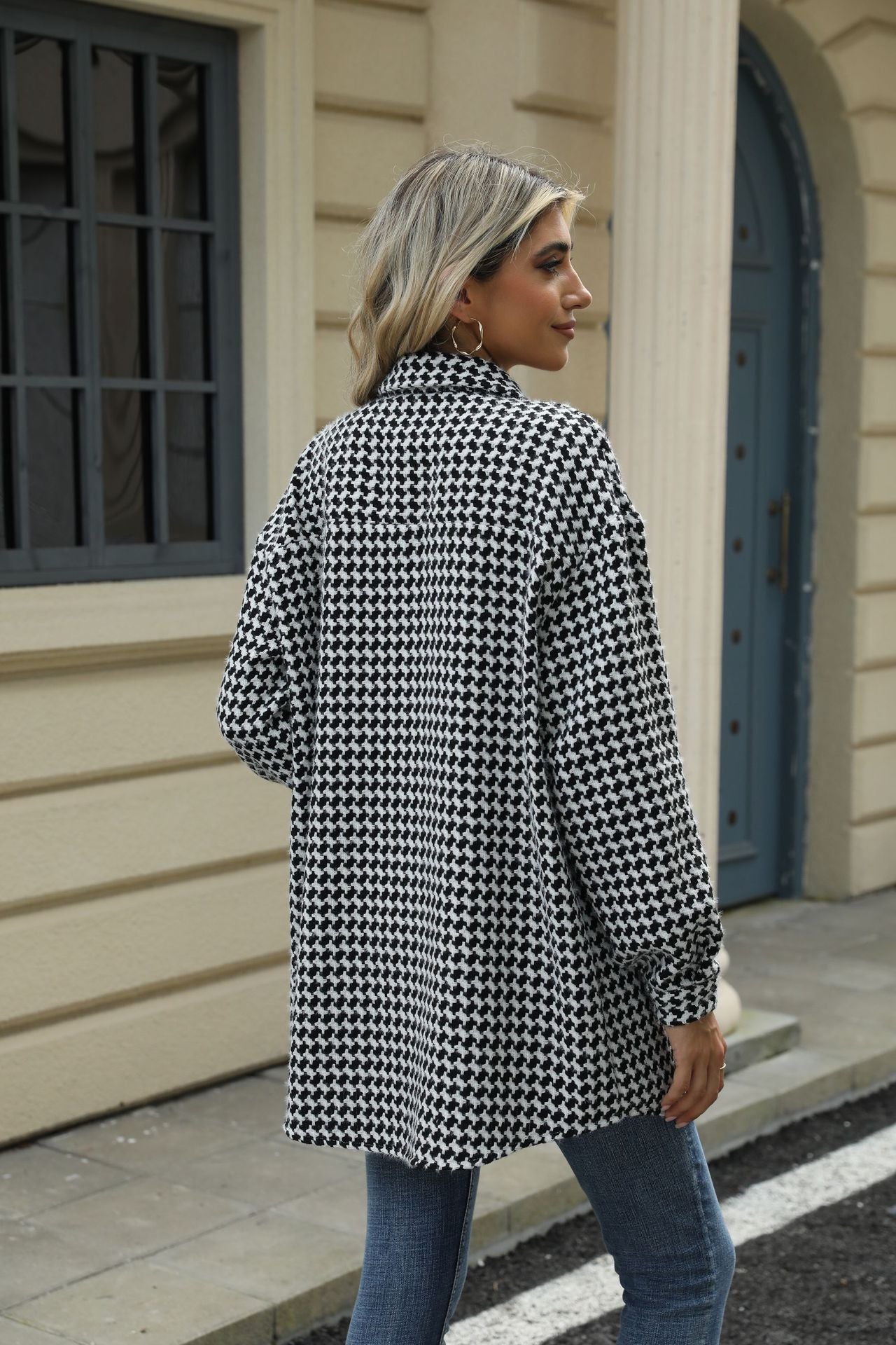 Autumn and Winter houndstooth polo collar top mid-length woolen coat for women