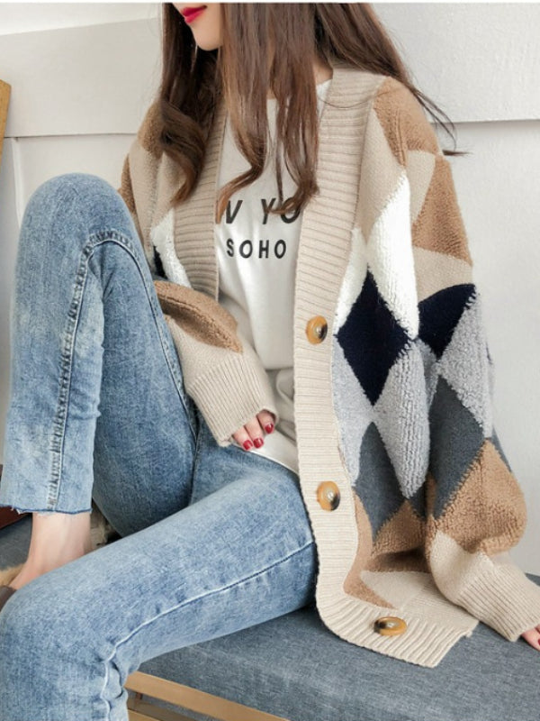 Literary Rhombus Plaid Sweater Outerwear