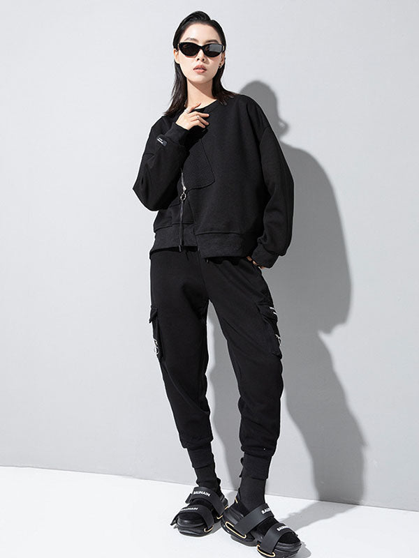 Casual Loose Long Sleeves Asymmetric Solid Color Zipper Round-Neck Sweatshirt Tops