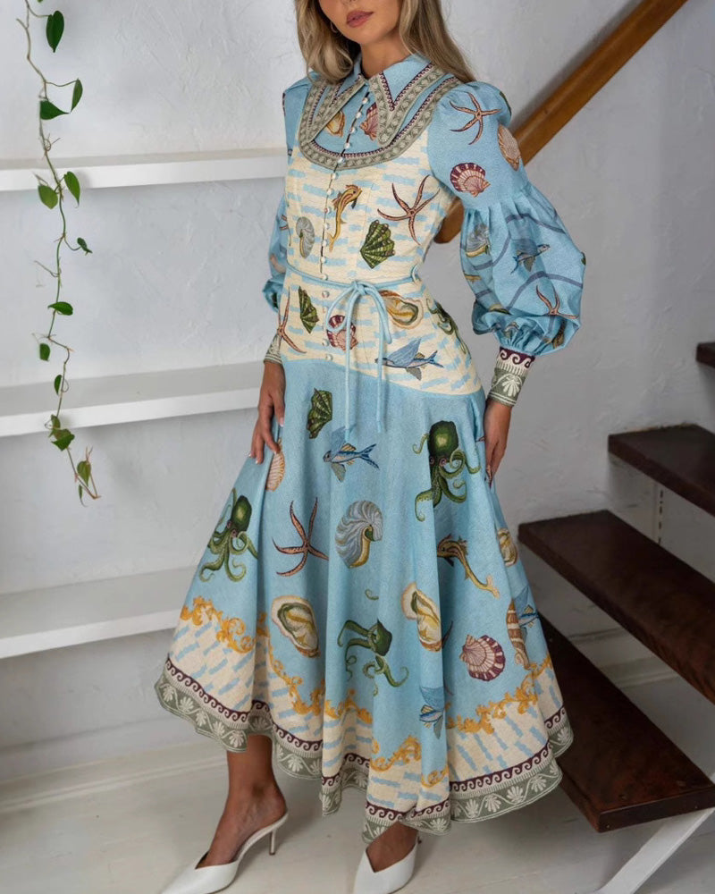 Summer Printed Doll Collar Cardigan Dress