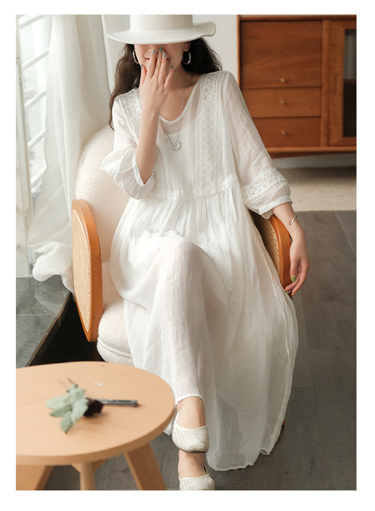 Literary Simple Seven-quarter Sleeve Lace-up Maxi Dress