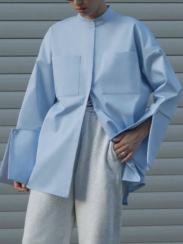 Long Sleeves Loose Buttoned Pockets Solid Color Stand Collar Blouses&Shirts Tops