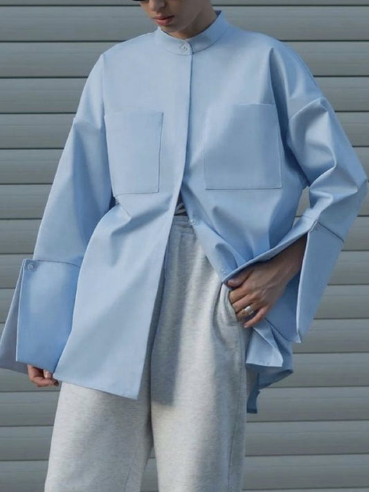 Long Sleeves Loose Buttoned Pockets Solid Color Stand Collar Blouses&Shirts Tops