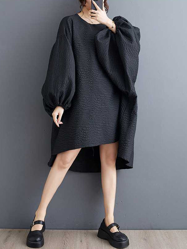 High-Low Long Sleeves Elasticity Solid Color Split-Joint Round-Neck Midi Dresses