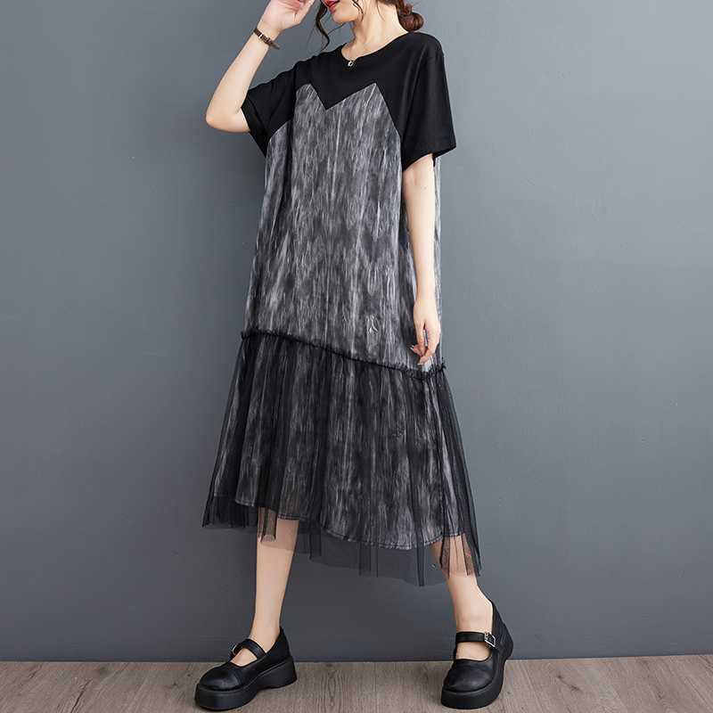 Literary Mesh Splicing Short Sleeve Midi Dress