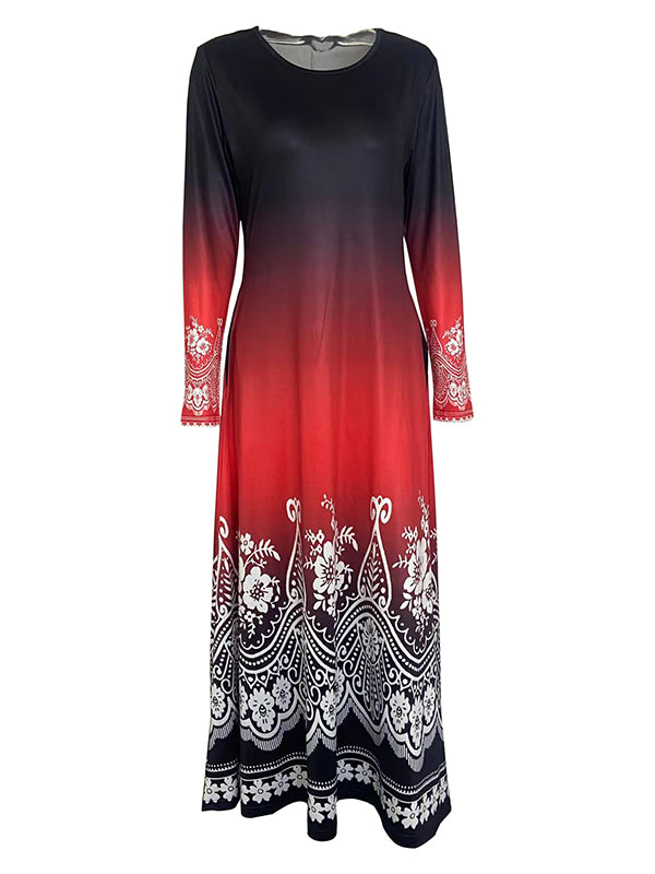 Long Sleeves Contrast Color Floral Printed Round-neck Maxi Dresses