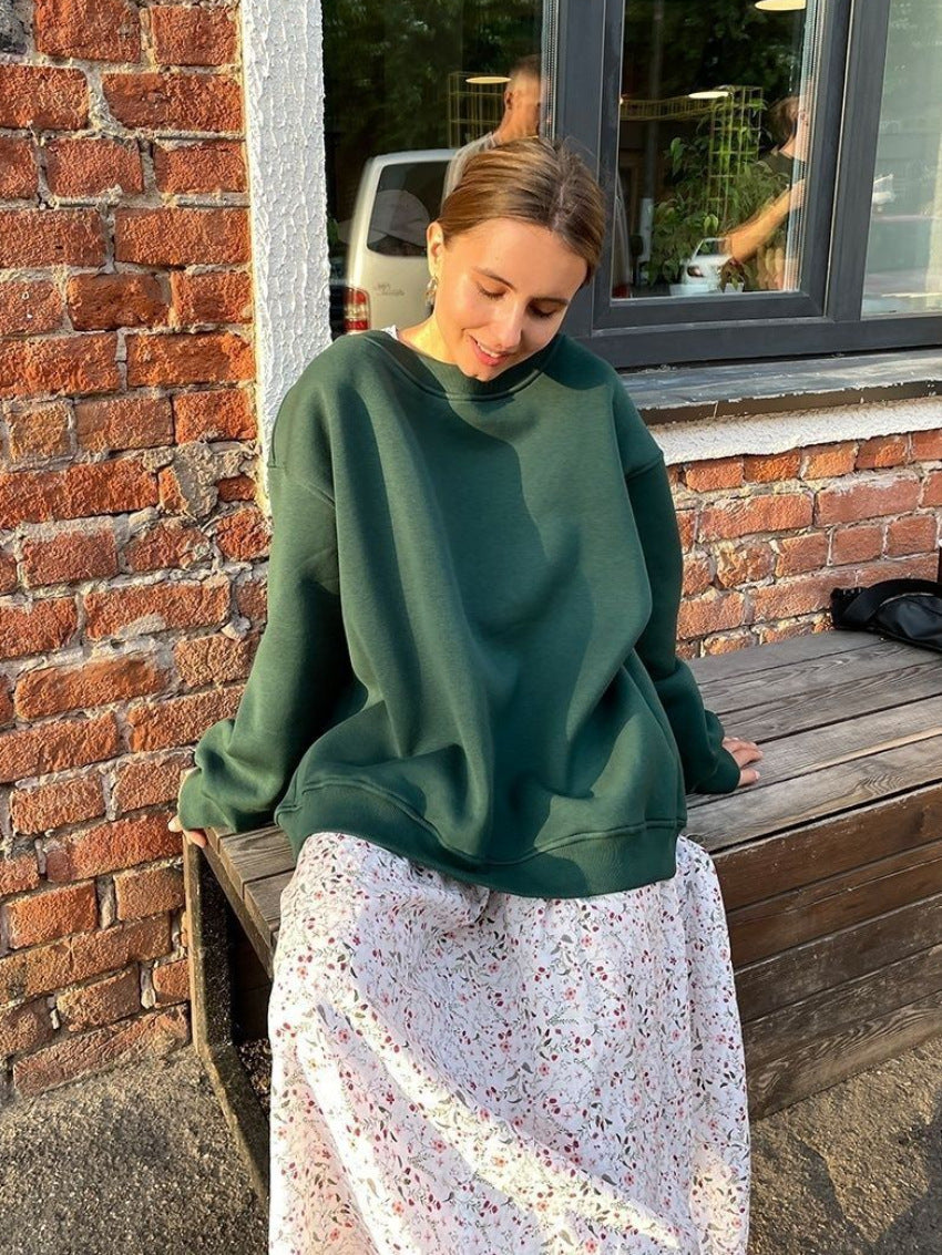 Round neck loose sweatshirt women's autumn winter Street solid color Oversize polar fleece pullover top