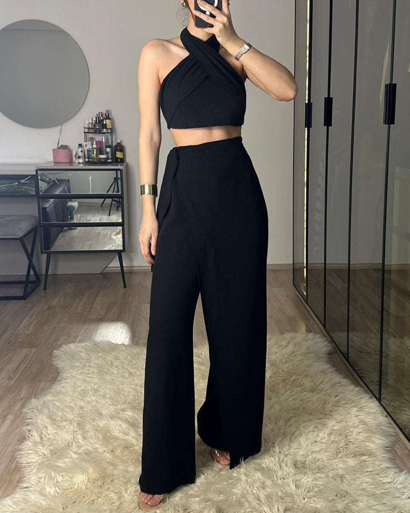 Fashion Lace-Up Top & Lace-Up Pants Two-Piece Set