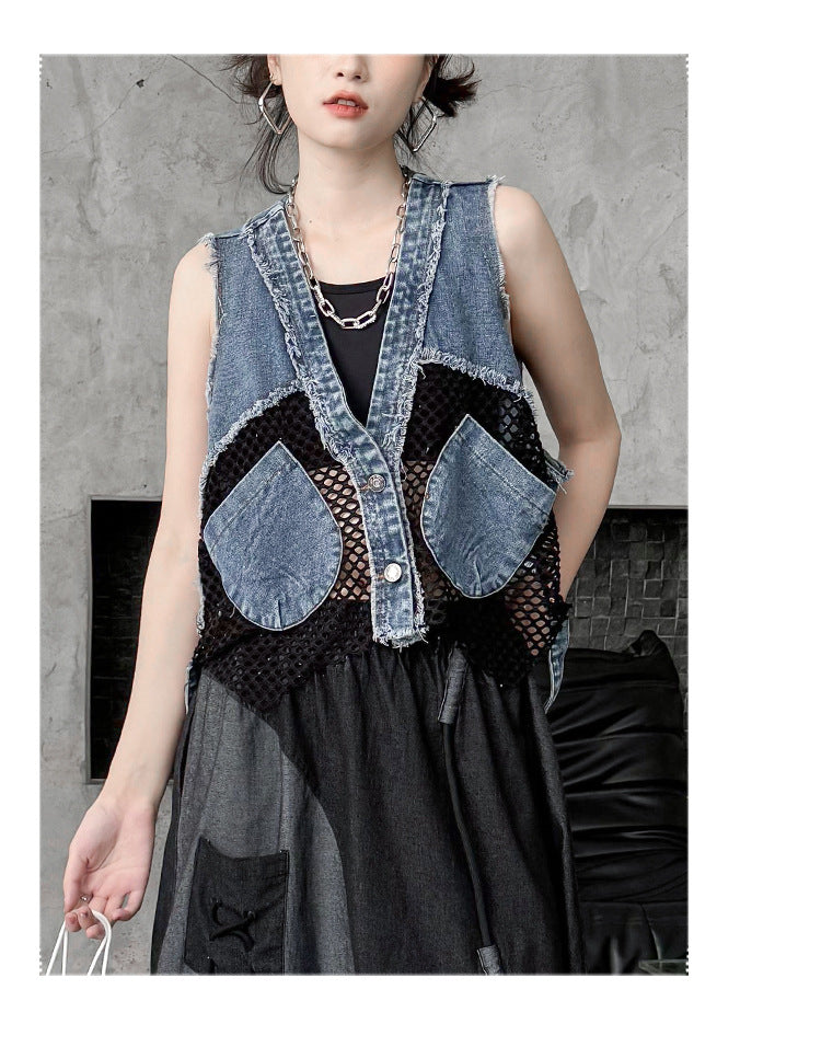 Vintage Mesh Splicing Denim Vest