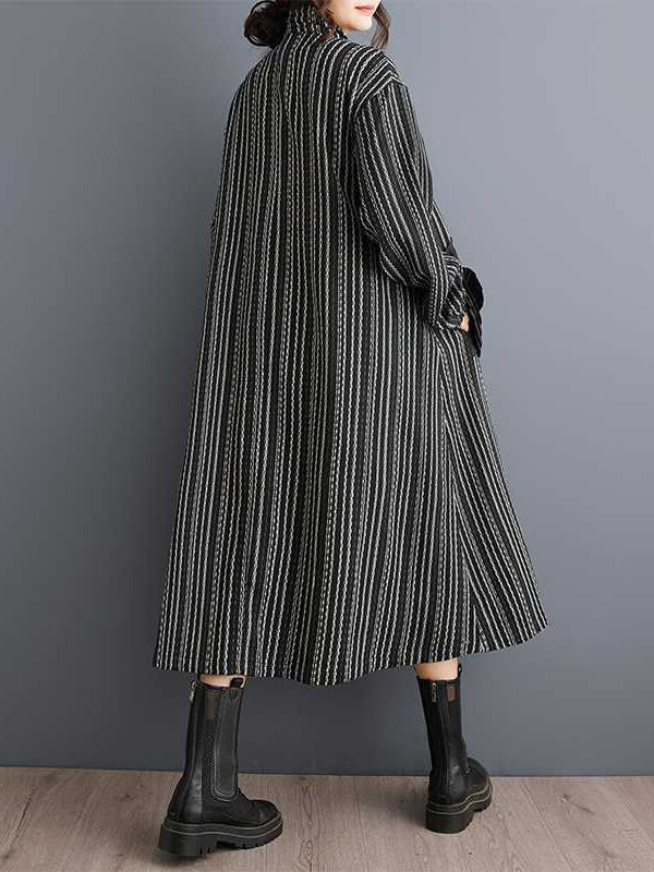 A-Line Long Sleeves Elasticity Pockets Striped Zipper Lapel Midi Dresses