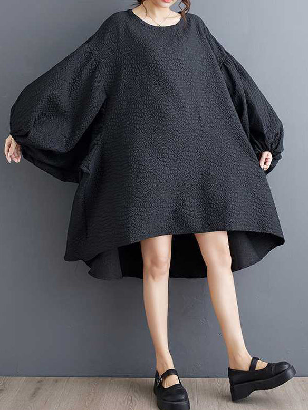 High-Low Long Sleeves Elasticity Solid Color Split-Joint Round-Neck Midi Dresses