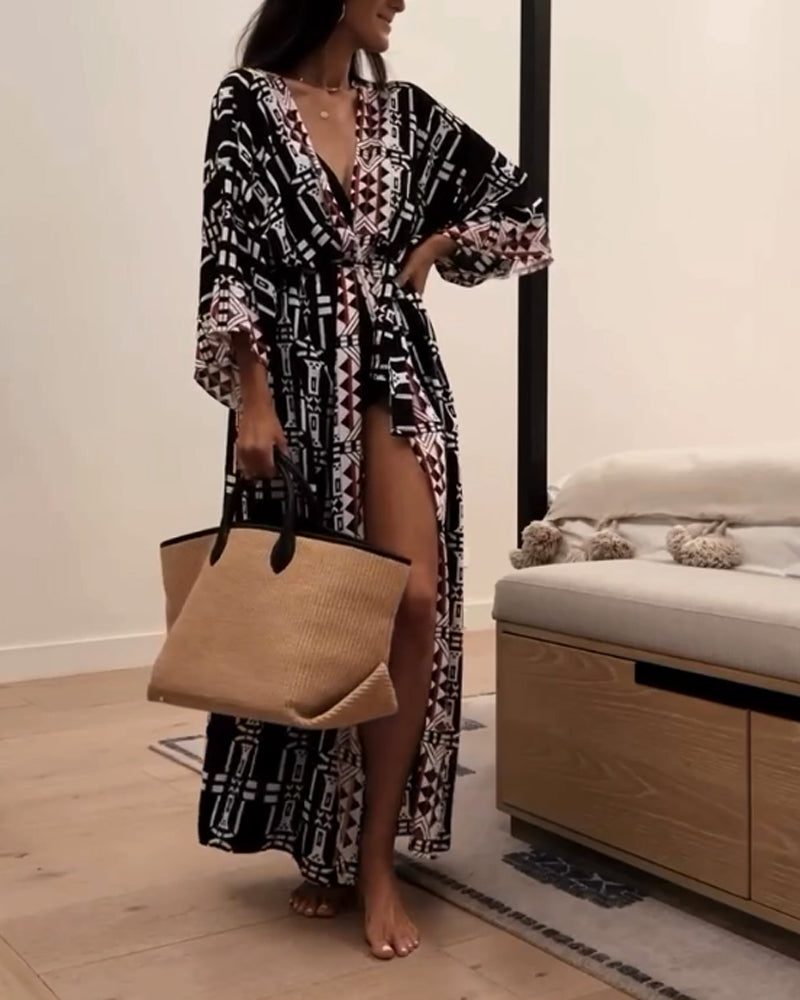 Casual Holiday Print Cardigan Dress