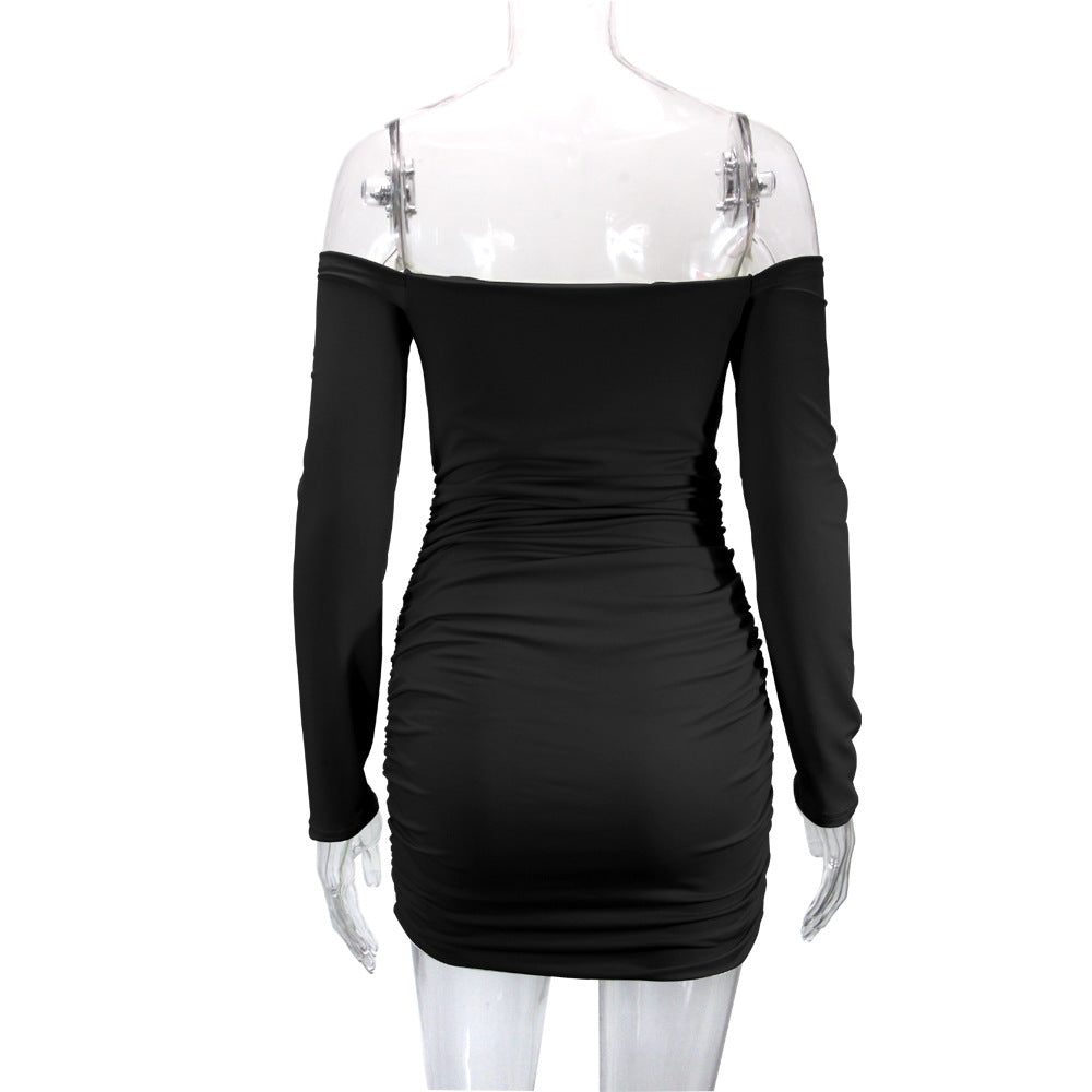 Women's clothing European and American sexy pleated off-neck long sleeve ladies dress