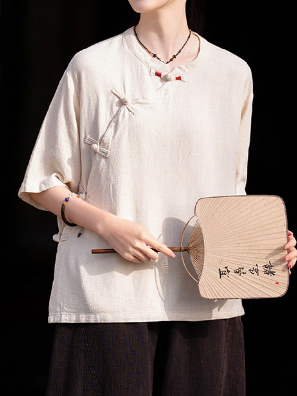 Vintage Stand Collar Short Sleeve Linen Shirt