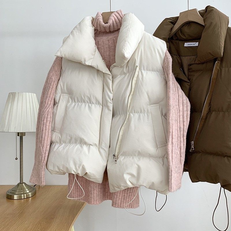 Foreign Trade Autumn and Winter New Down Cotton Vest Women's Short Outer Wear Korean Style Vertical Collar Cotton-padded Jacket Vest Waistcoat