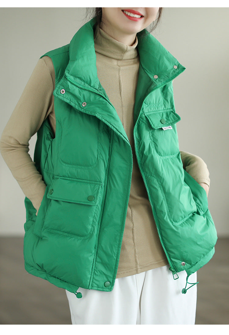 Literary Solid Color Stand Collar  Down Vest Coat