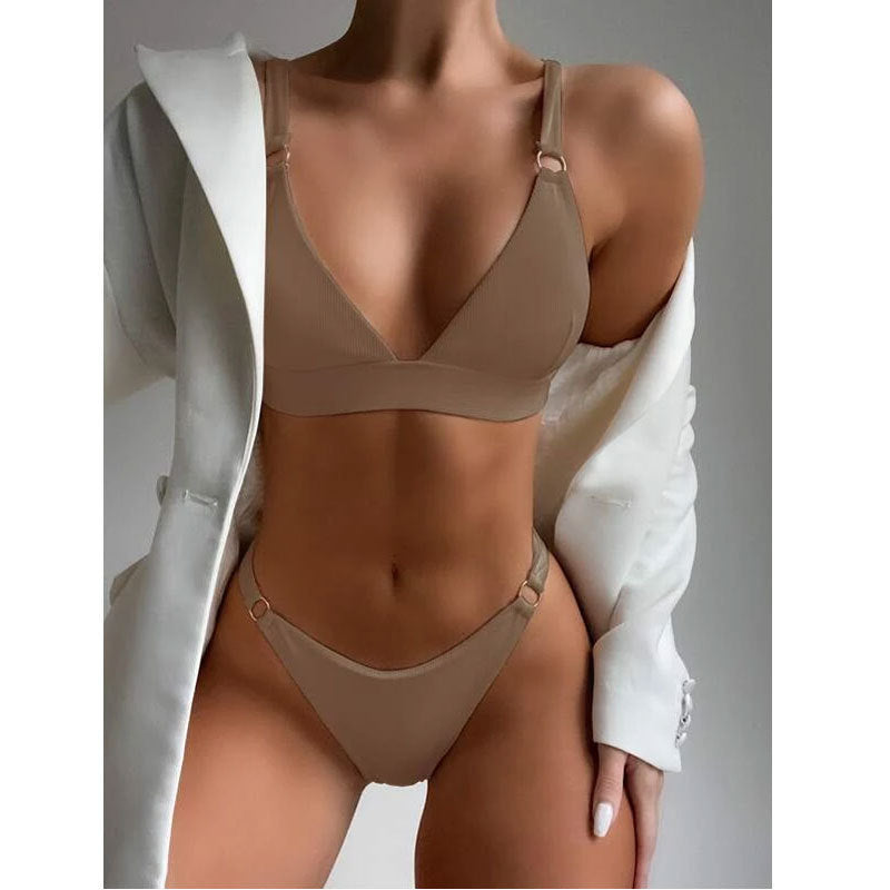 Solid Color Split High Waist Bikini Swimsuit