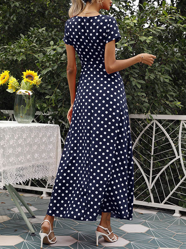 A-Line High Waisted Polka-Dot Tied Waist V-Neck Maxi Dresses