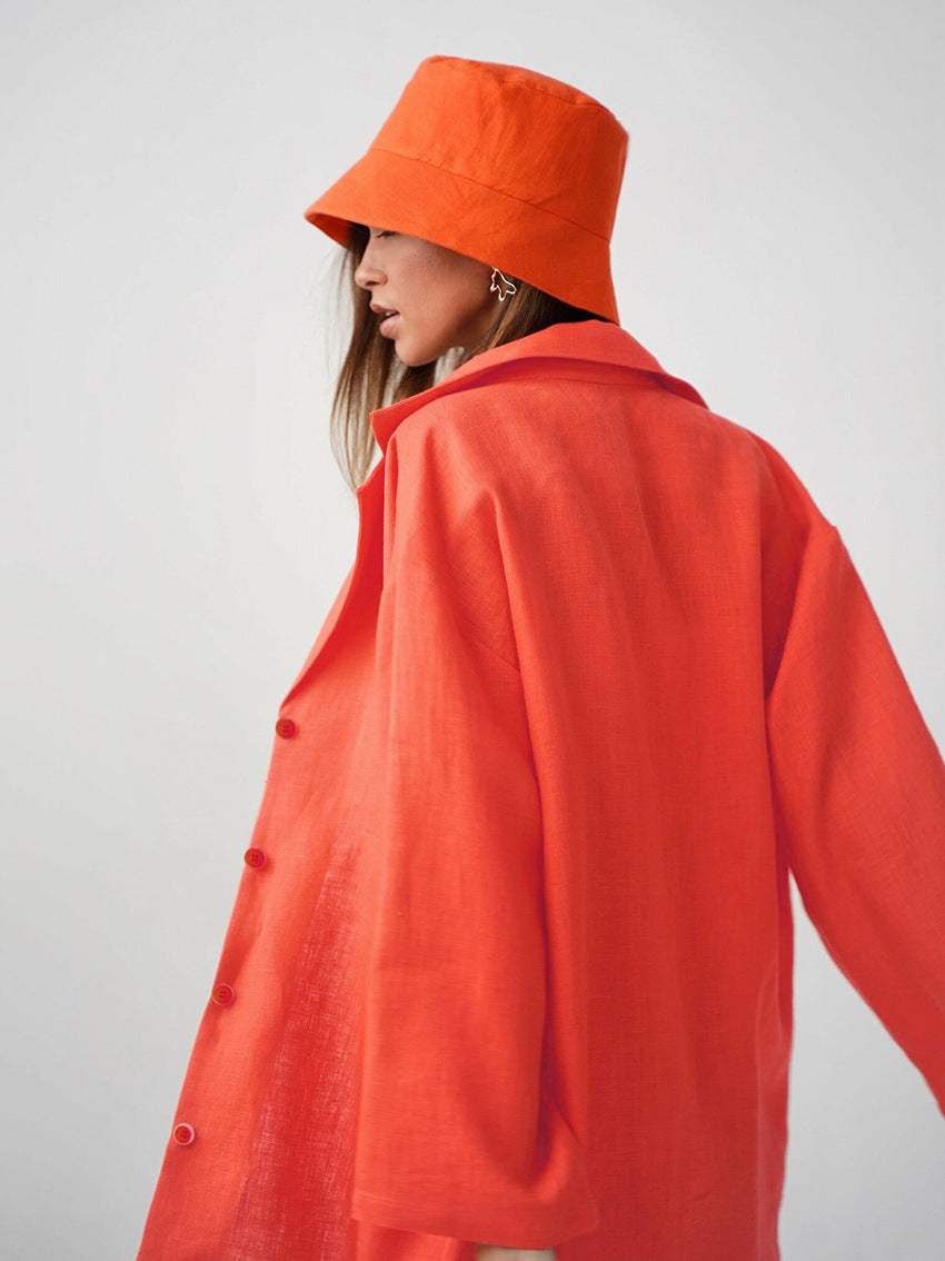 Cotton shorts suit women's lapel loose single-breasted Shirt high waist straight pants two-piece set