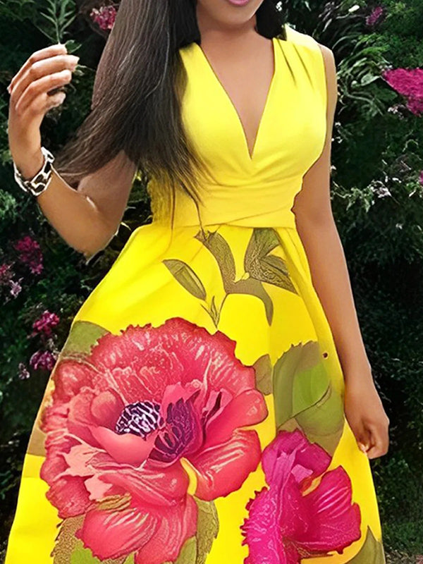 A-Line Sleeveless Flower Print Split-Joint V-Neck Maxi Dresses