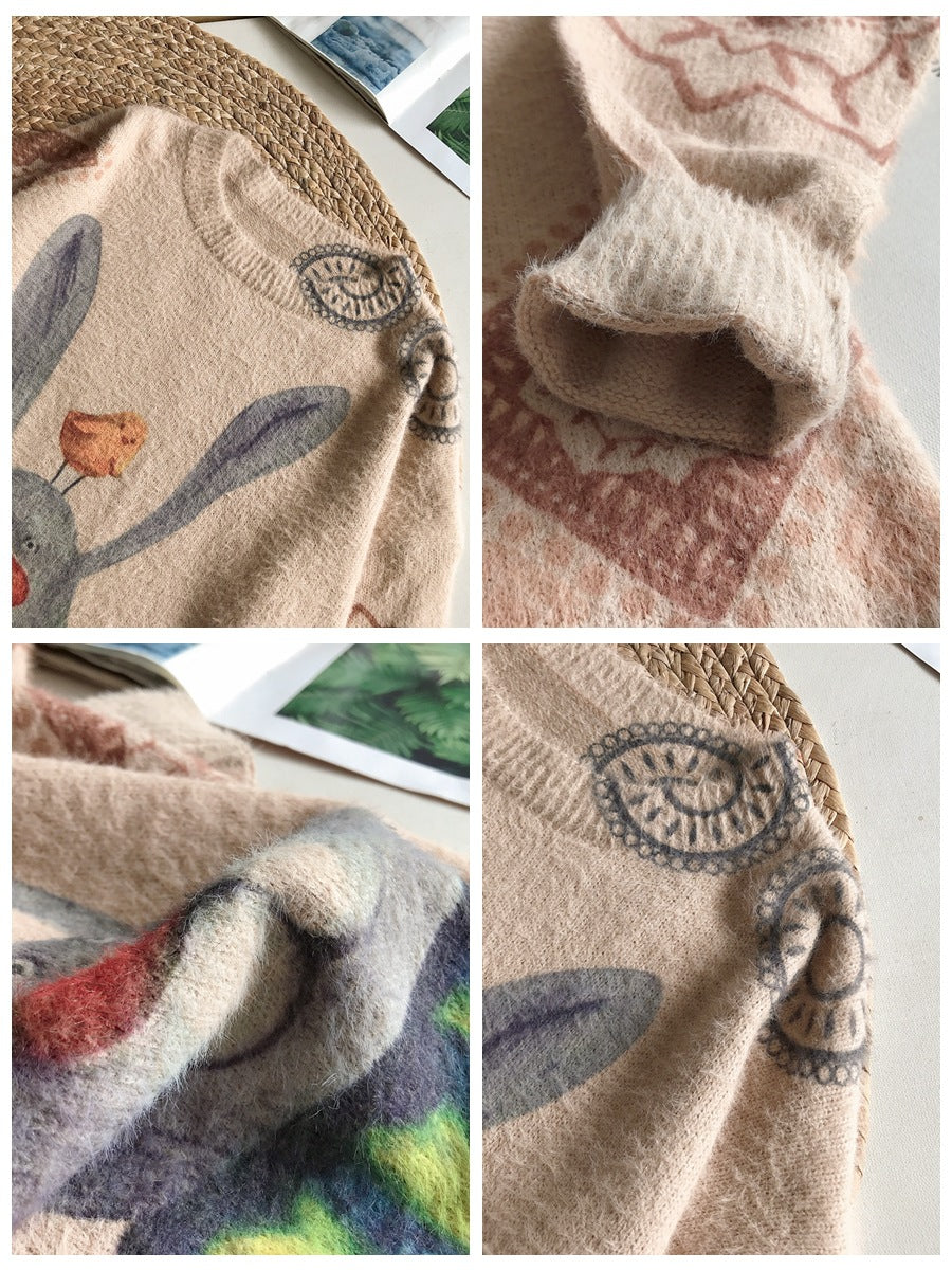 Cute Print Long Sleeve Round Neck Sweater