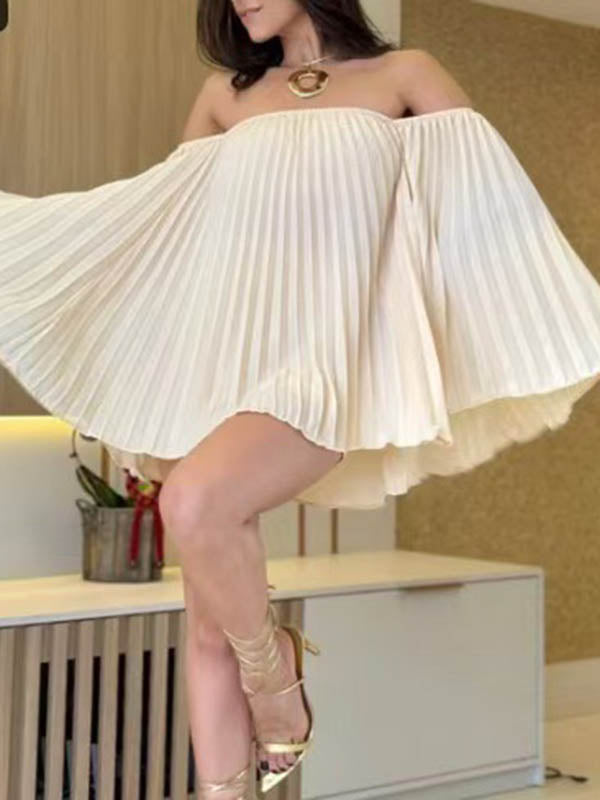 Batwing Sleeves Loose Pleated Solid Color Off-The-Shoulder Shirt Top + Shorts Bottom Two Pieces Set