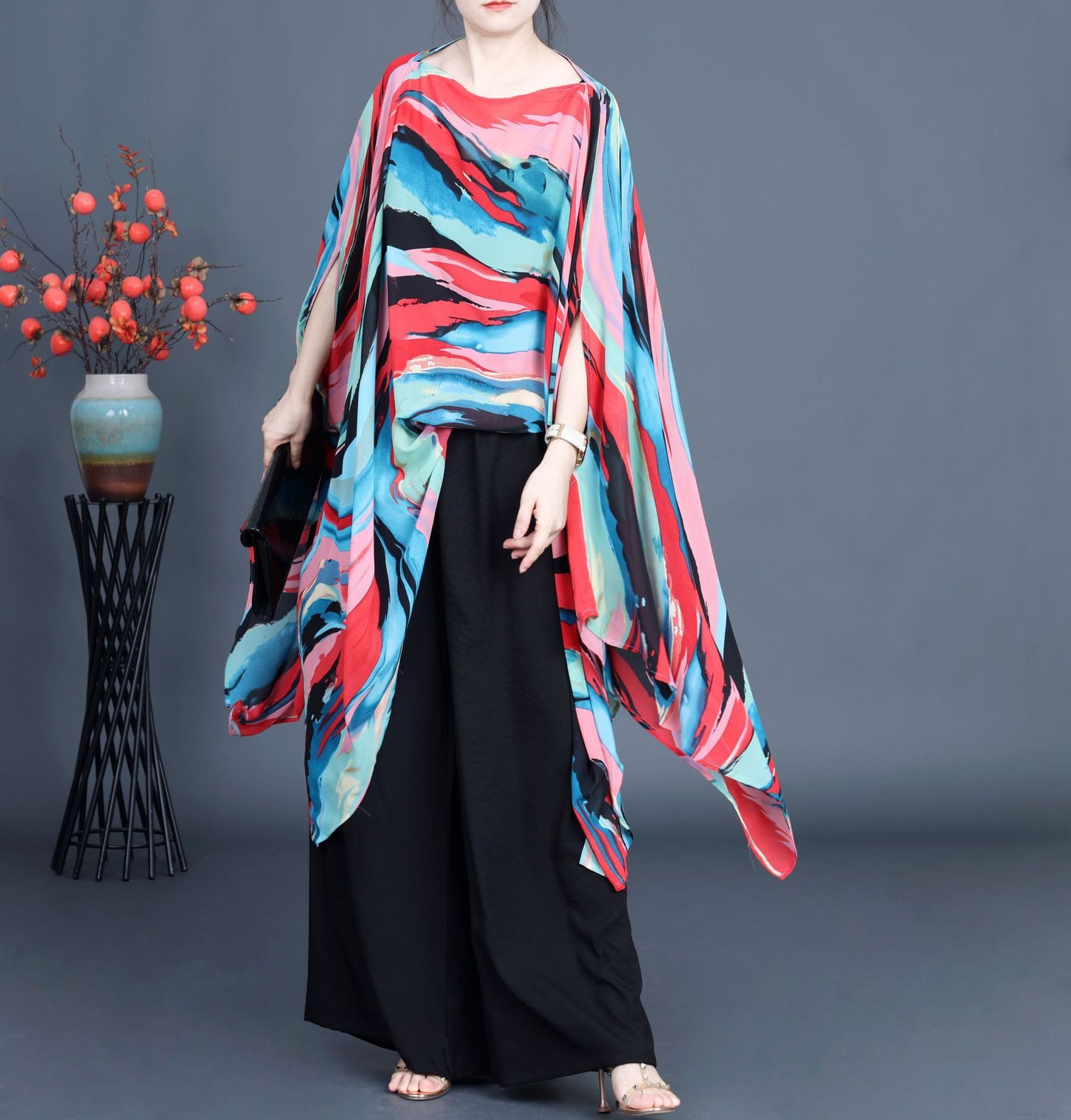Loose Irregular Flowy Colorful Bat Sleeve Shawl Top