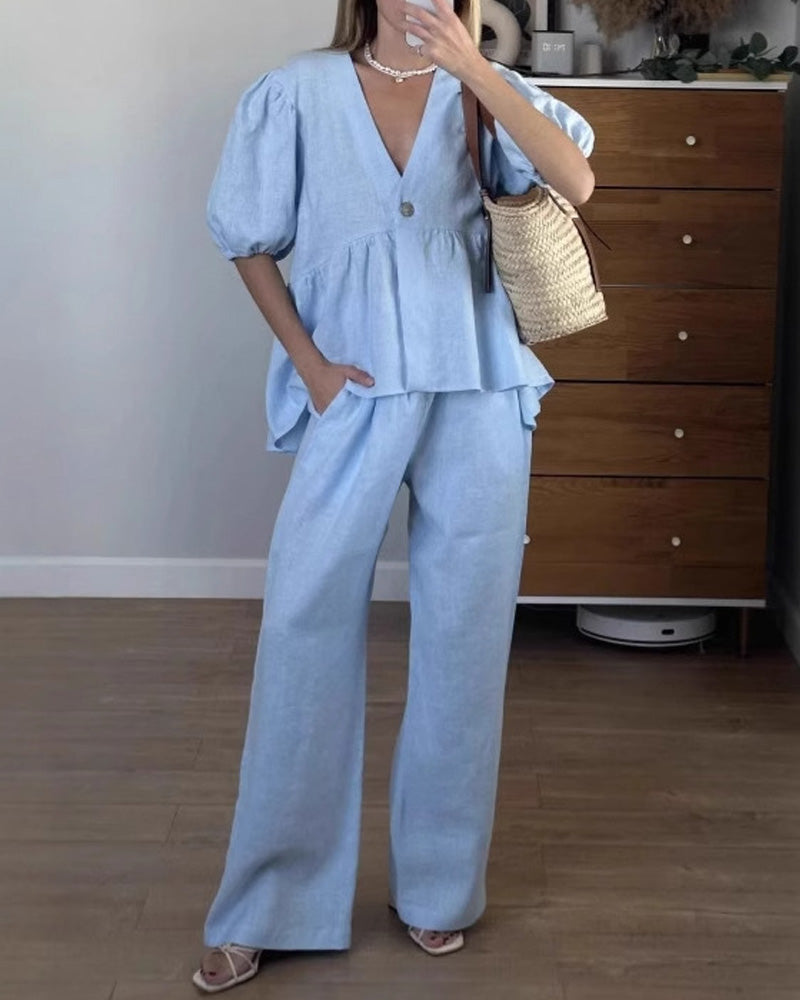 V-Neck Bubble Short Sleeve Trousers Suit