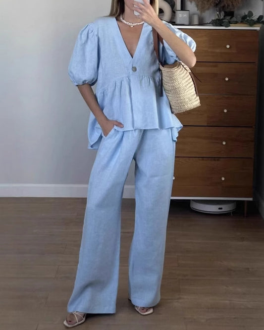 V-Neck Bubble Short Sleeve Trousers Suit