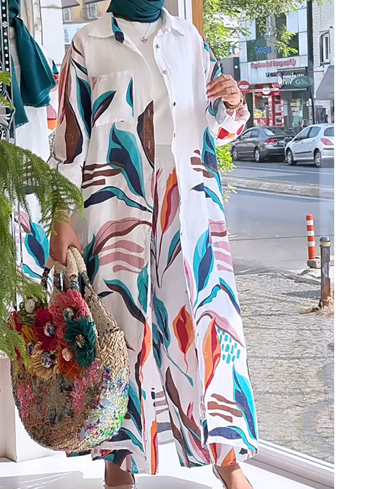 Casual Floral Printing  Long Cardigan Wide-leg Trouser Suit