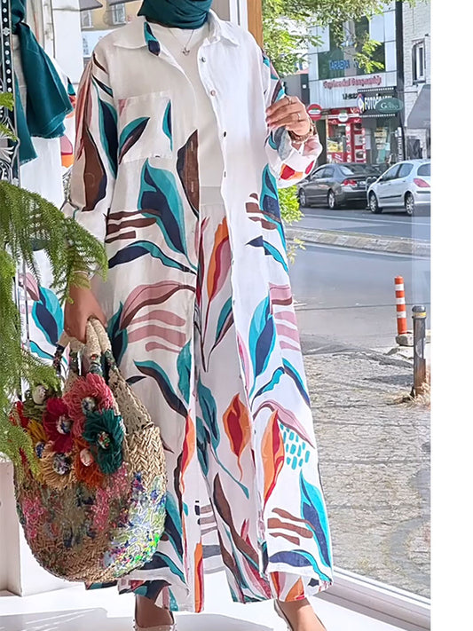 Casual Floral Printing  Long Cardigan Wide-leg Trouser Suit