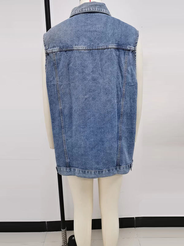 Loose Sleeveless Buttoned Drawstring Pockets Split-Joint Polo Vest Outerwear