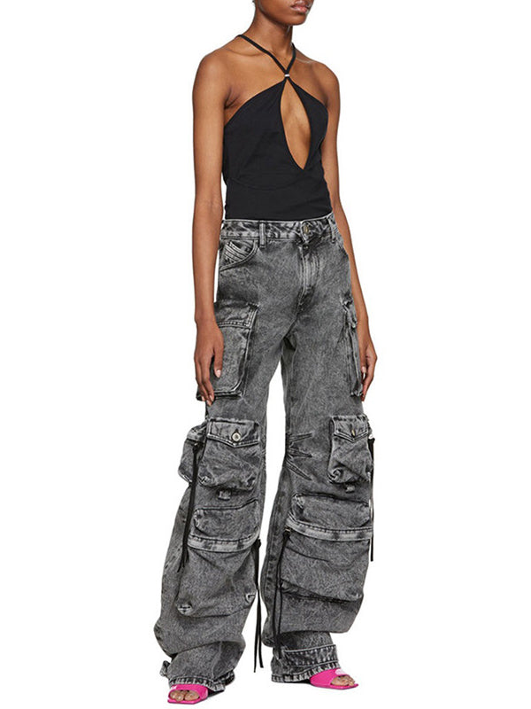 Loose Pleated Pockets Split-Joint Streamer Jean Pants Bottoms