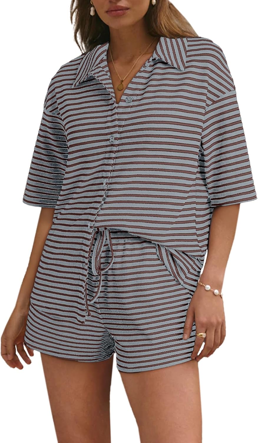Casual Knitted Striped Short Sleeve Pajama Set (Buy 2 Free Shipping)