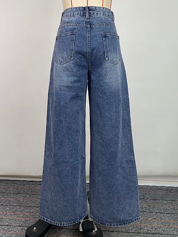 High Waisted Loose Buttoned Pockets Jean Pants Bottoms