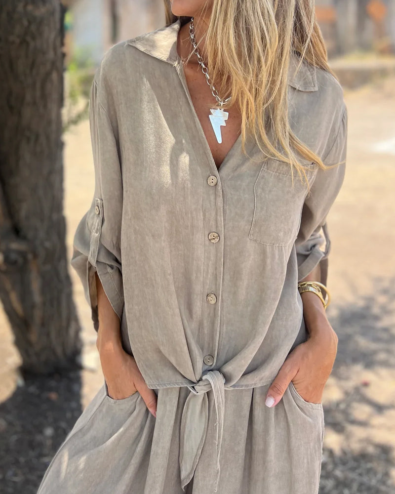 Casual Solid Shirt & Wide Leg Two-Piece Set