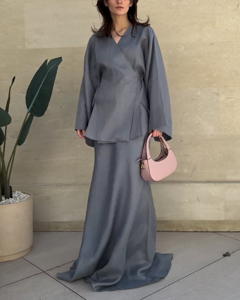 Casual V-Neck Split Shirt & Skirt Two-Piece Set