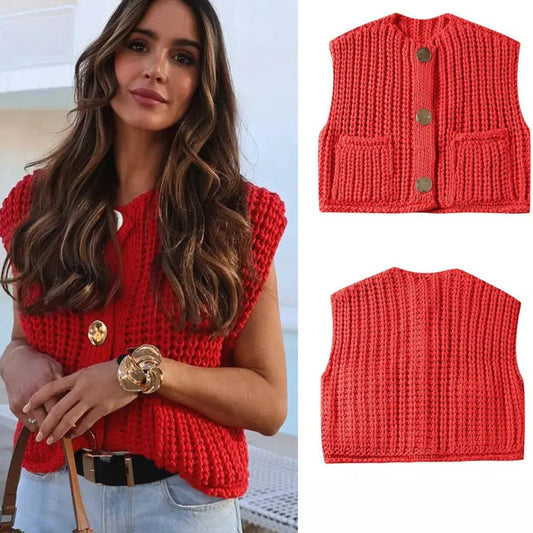 2024 Spring and Autumn Sweater vest coat women's pocket sleeveless short knitted cardigan vest shirt