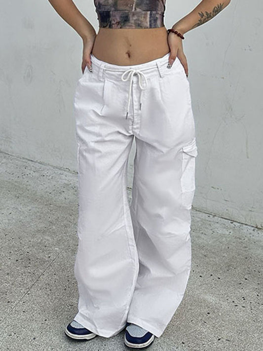 Loose Wide Leg Drawstring Pockets Solid Color Pants Trousers
