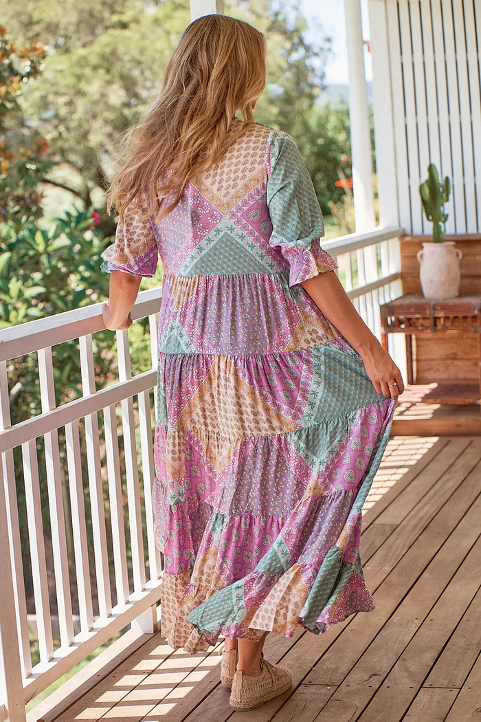 🔥2025 NEW SALES - 50% OFF🔥Color Block Print Dress With 3/4 Sleeves(Buy 2 Free Shipping)