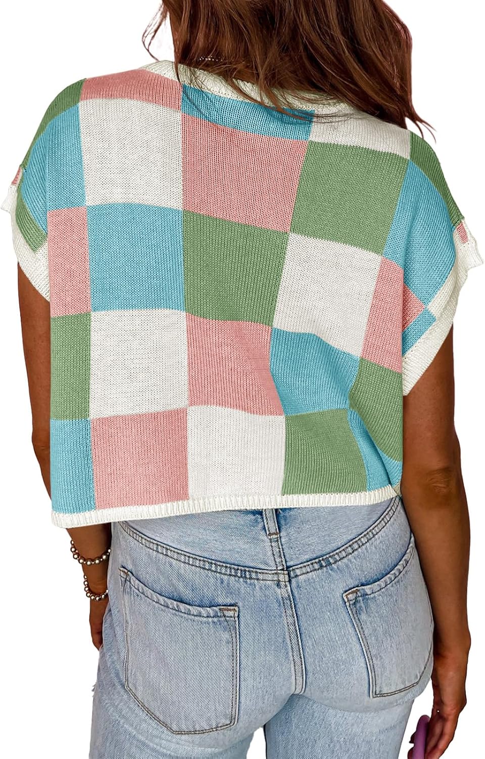 Women's Checkerboard Short Sleeve Color Block Knit Sweater(Buy 2 Free Shipping)